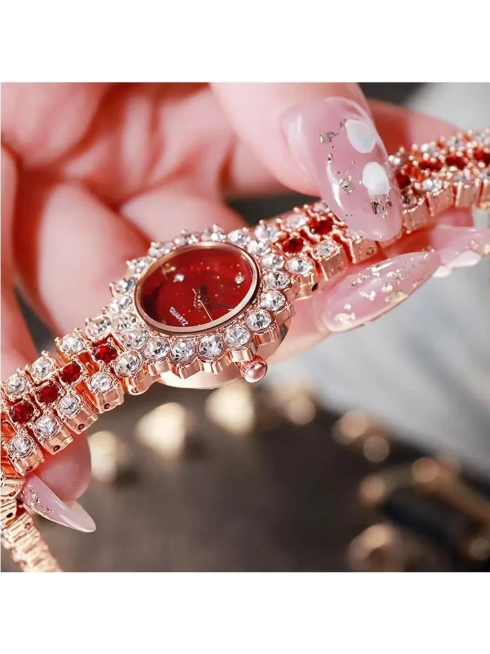 Women's Red Analog Quartz Elegant Steel Belt Diamonds Bracelet Set Wrist Watch